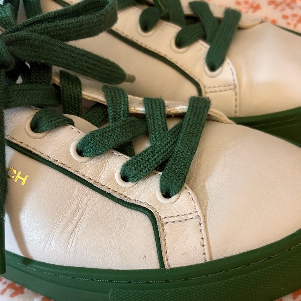 Tory Burch White Leather Sneakers with Green Accents - Picture 15 of 16